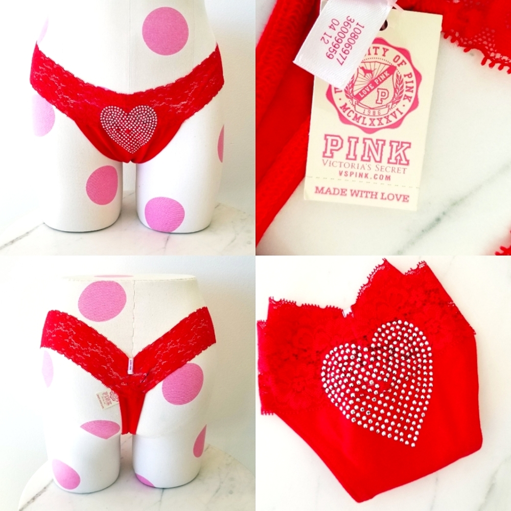 Victoria's Secret PINK Vintage Sequin Rhinestone Crystal Heart Thong Panty NWT